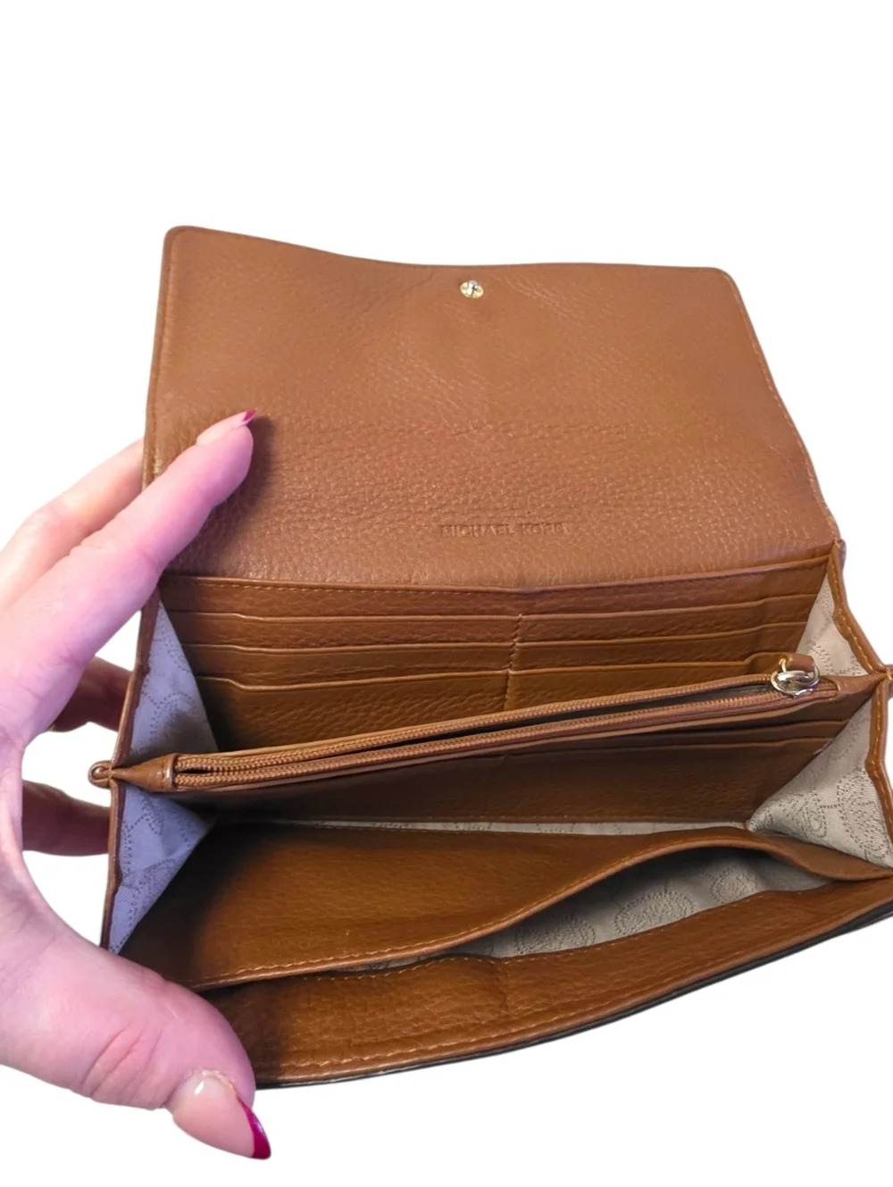 Michael Kors Cognac Leather Wallet MK Logo Continental Snap Closure Organizer